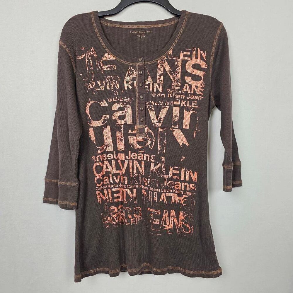 Calvin Klein Jeans Graphic Henley Top Brown XL